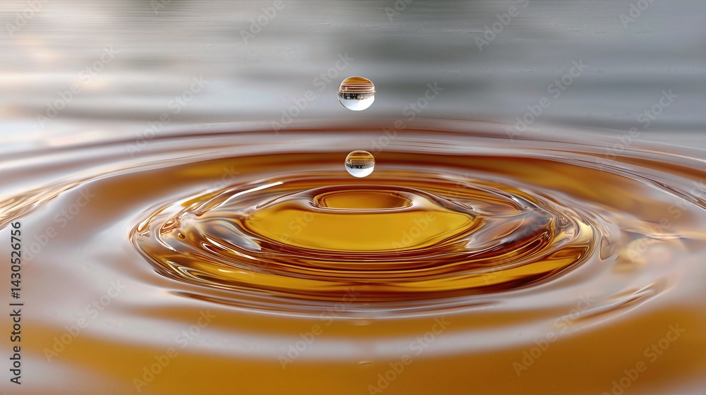 A single water droplet touches the surface, sending gentle ripples through warm reflections of light, capturing a serene and meditative moment.