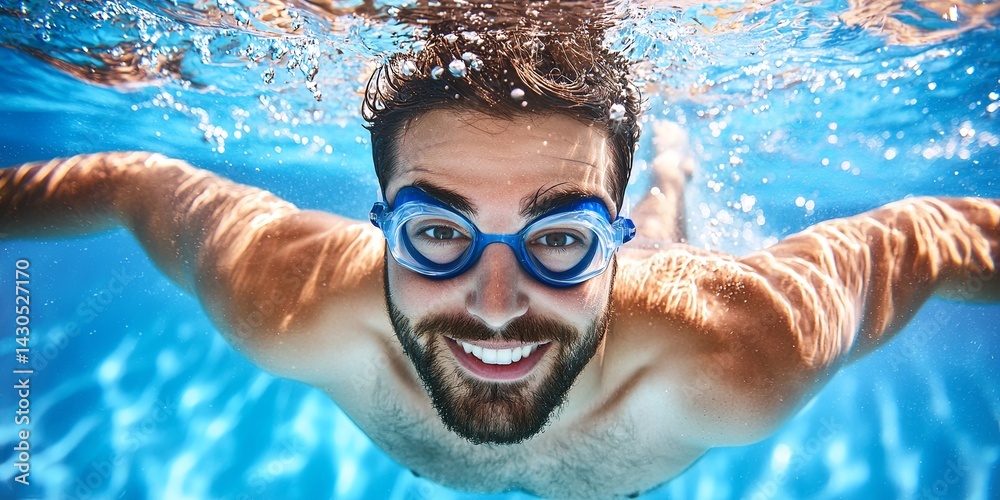 Fototapeta premium Demonstrating Powerful Freestyle Stroke Underwater in a Swimming Pool Captured with Clear Blue Water and Striking Light Effects