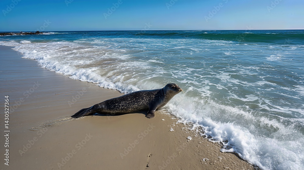 A curious seal pops up from the water, lounging on the sunlit sand as gentle waves wash around it beneath a bright blue sky.