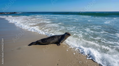 Obraz na płótnie A curious seal pops up from the water, lounging on the sunlit sand as gentle waves wash around it beneath a bright blue sky.
w salonie