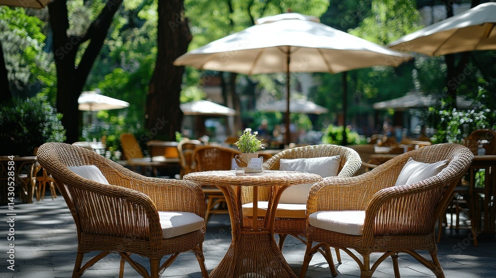 Obraz premium Sunny patio cafe wicker chairs, park setting