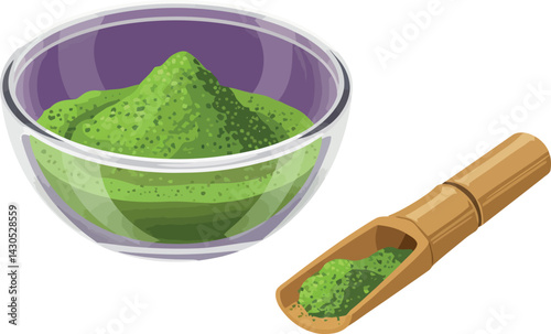 Matcha green tea powder in glass bowl with bamboo scoop natural healthy ingredient vector illustration 