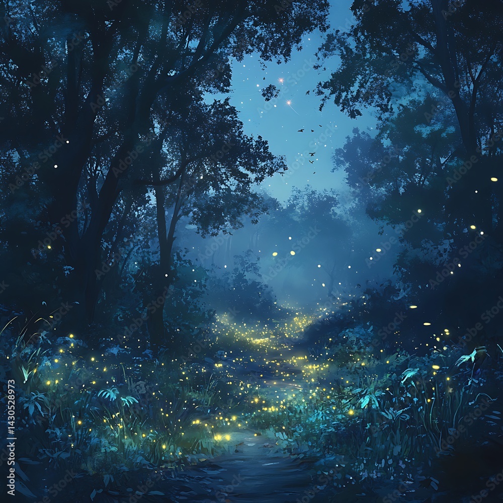 Obraz premium Peaceful forest glowing with hundreds of bright fireflies at night