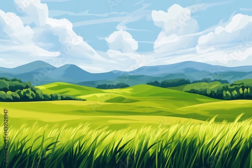 Abstract Outdoors. Landscape Illustration of Green Field and Hills in Summer