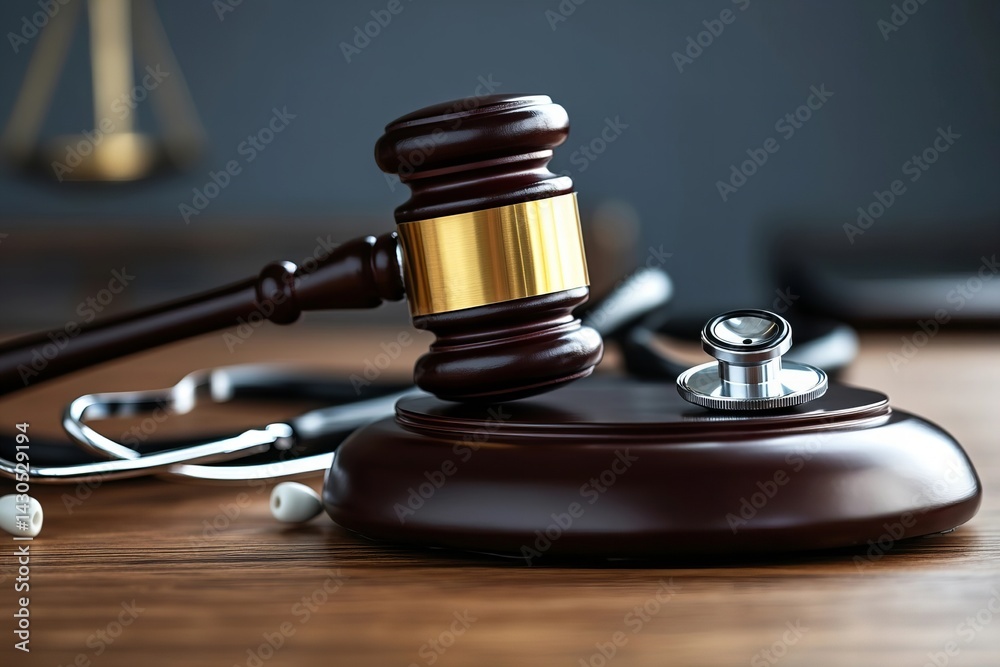 Close-Up Image of Gavel and Stethoscope on Wooden Desk in Courtroom Setting Close-Up Image of Gavel and Stethoscope on Wooden Desk in Courtroom Setting
