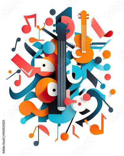 Colorful abstract music composition with instruments and notes, white isolate background.