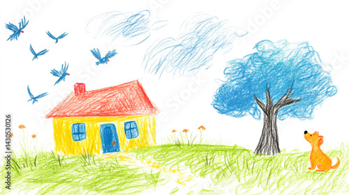 Cozy house in nature with a curious child, barking dog, and birds under a bright sky