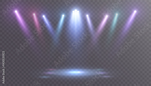 Realistic multicolor spotlights with volumetric glow, haze and ambient light effects on transparent background. Light effect for party posters, stage visuals or club events.