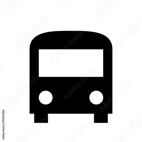 Illustration of a simple black bus with a white rectangle window and two white circular headlights front view
