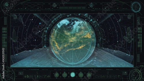 Sci-fi HUD display showing Earth, futuristic interface for space exploration, technology concept. Perfect for games, UI design, science fiction. in flat design style