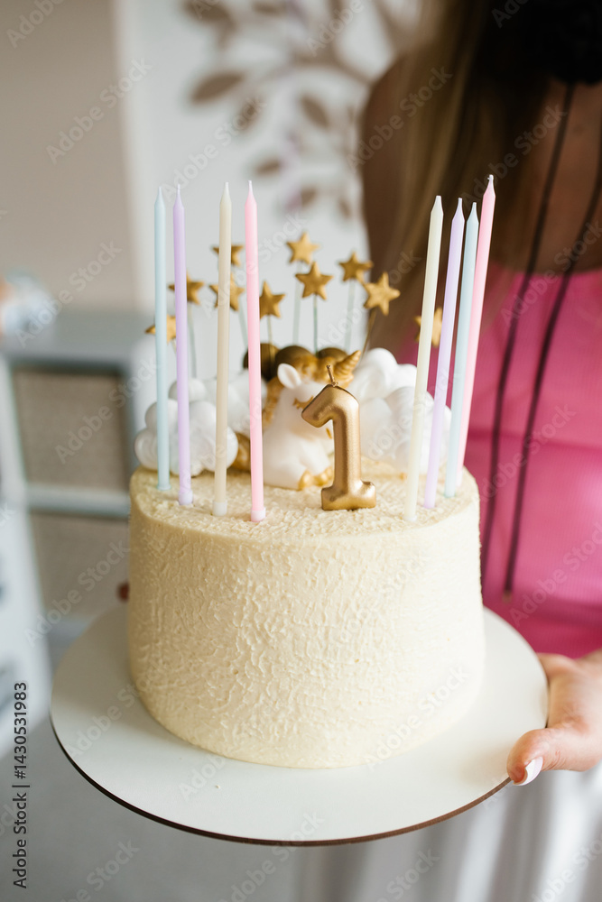 Cream Birthday Cake With Golden Stars