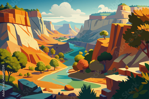 watercolor canyon with trees and shrubs on white background. grand canyon arizona usa