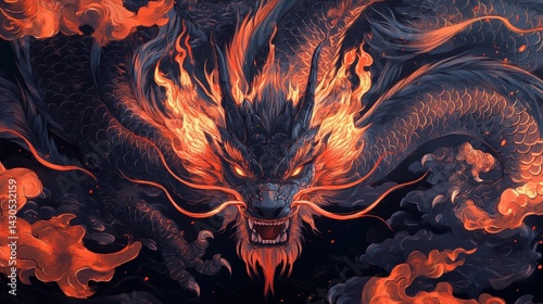 Fierce dragon head, flames and smoke