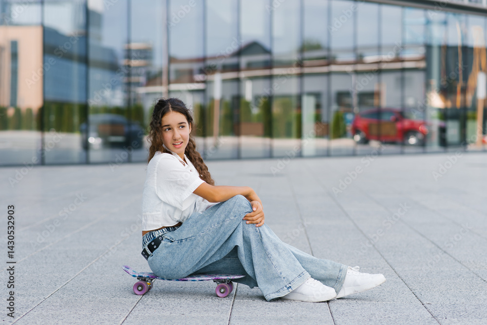 Girl Sitting On Colorful Skateboard