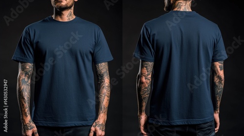 Blank navy blue t-shirt mockup on male model with tattoos