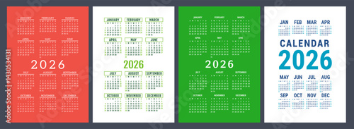 2026 year calendar set. Color vector pocket calender design. Week starts on Sunday. January, February, March, April, May, June, July, August, September, October, November, December