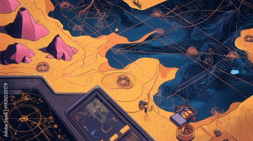 Stylized illustration of alien landscape exploration with control panel, discovery concept. Perfect for sci-fi, gaming, and futuristic designs. in flat design style