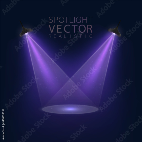Realistic directional purple spotlights intersecting beams of light on a dark background. Suitable for presentations, visual effects, theater mockups and user interfaces.