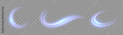 Set of glowing blue light swirls with soft transparency and smooth movement on transparent background. Vivid swirl is suitable for wind effects, magic trails or visual movement effects.