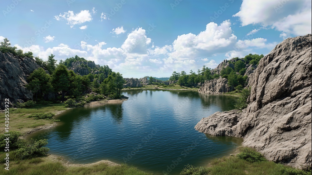 Fototapeta premium A tranquil lake mirrors the bright blue sky, framed by lush greenery and rugged rocky formations, creating a peaceful, grounding scene.
