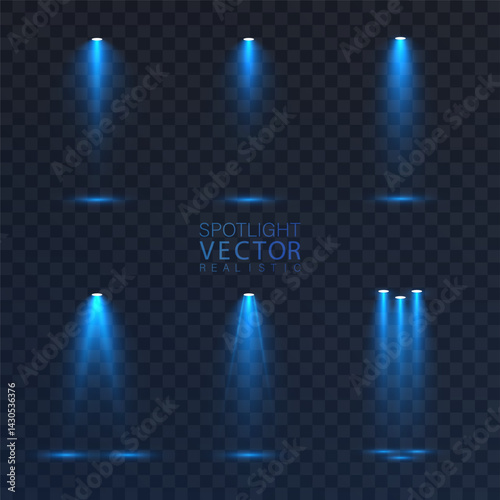 Collection of realistic blue light beams with glowing cones and atmospheric blur. 