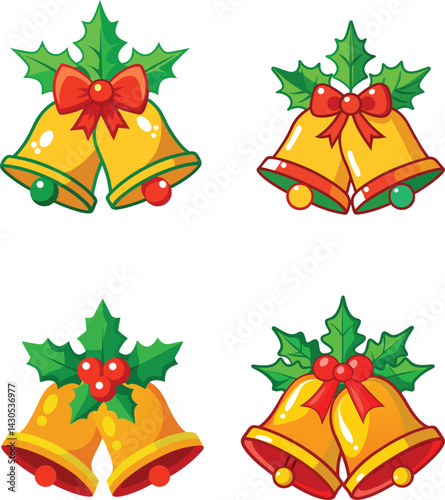 Set of Christmas Bells with Holly and Ribbons – Festive Holiday Clipart Collection