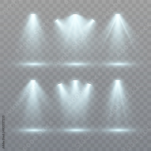 A set of directional white spotlights with realistic light beams on a transparent background for stage lighting, digital mockups and user interfaces.