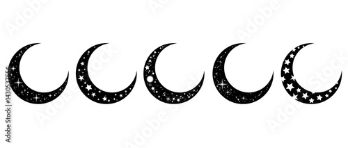 Set of five crescent moons decorated with a scattering of stars. White background, isolated objects