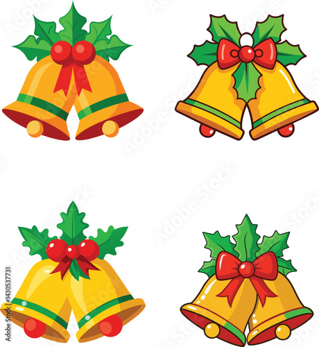 Set of Christmas Bells with Holly and Ribbons – Festive Holiday Clipart Collection