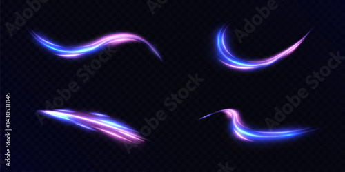 Collection of abstract light swirls in violet-blue tones with shimmering glow and curved flow. 