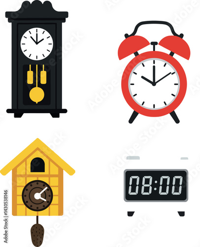 Classic and Modern Clocks Vector Set Including Cuckoo Grandfather Digital Alarm Clock 