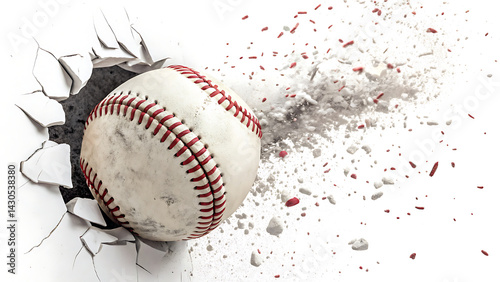  baseball bursting through a hole isolate on white background PNG. AI GENERATED