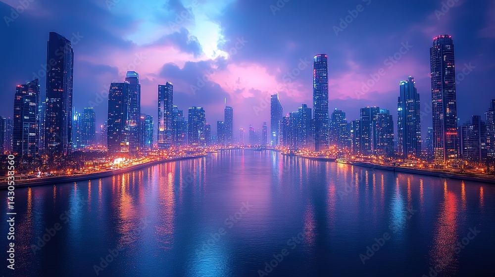 Fototapeta premium Vibrant cityscape at dusk over a calm waterway. Modern towers reflected in the water