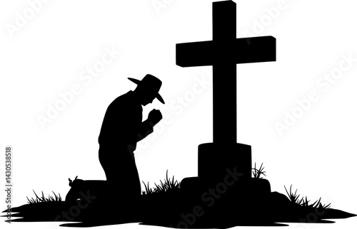 Cowboy Praying at Memorial Cross. vector silhouette