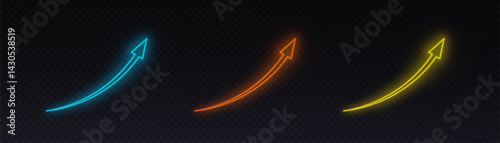 Collection of curved luminous arrows with neon glow in multiple colors, symbolizing increase and dynamic movement.