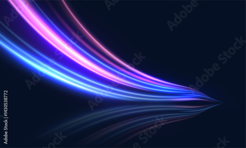 Vibrant blue-violet Stream of curved light lines with neon glow and reflection on dark background for futuristic visuals and interfaces.