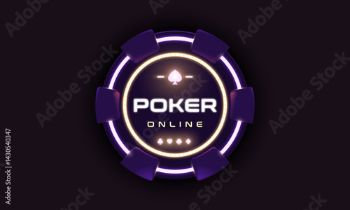 Bright glowing poker chip design with Poker Online text. Vector illustration perfect for casino UI, mobile games, online gambling platforms, and promotional content
