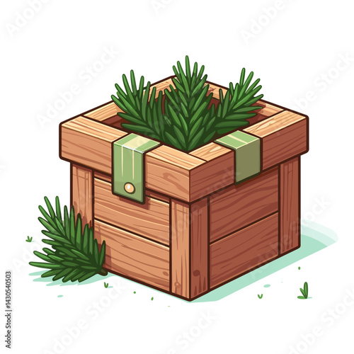 Wooden crate with pine branches in isometric view. Great for holiday packaging design or Christmas delivery services.
