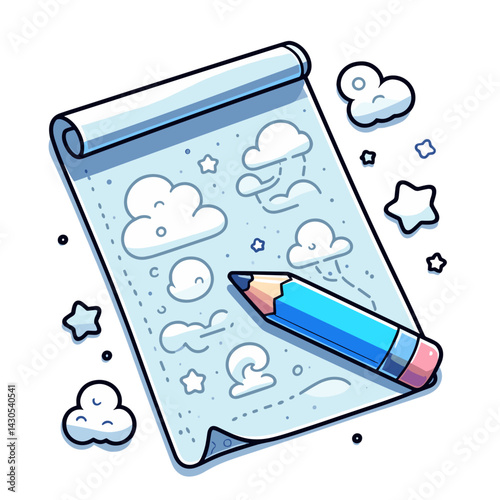 Creative drawing pad with clouds and pencil in blue tones. Perfect for brainstorming illustrations and education materials.