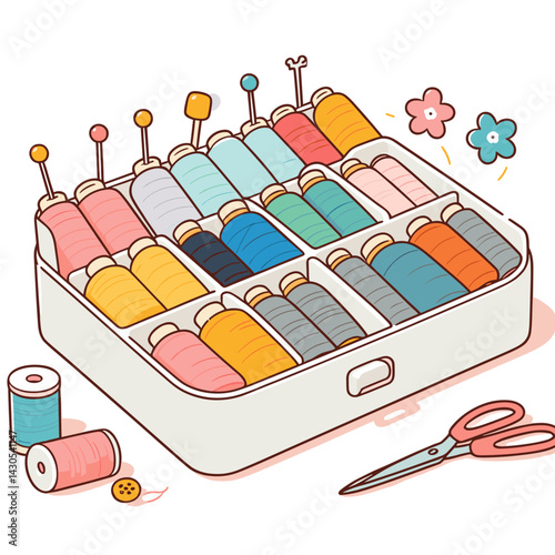 Colorful sewing and craft supplies in organized box. Perfect for handmade projects, crafting tutorials and DIY content.