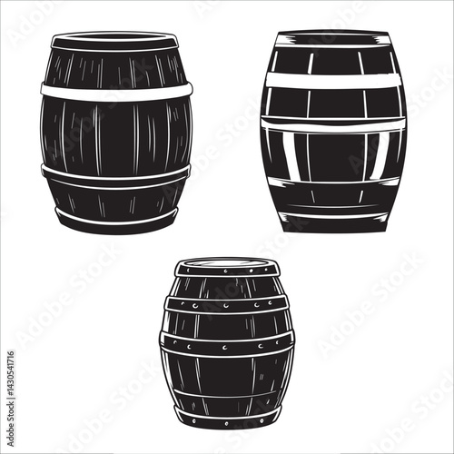 image of wooden barrels, set, vector, black and white, graphics
