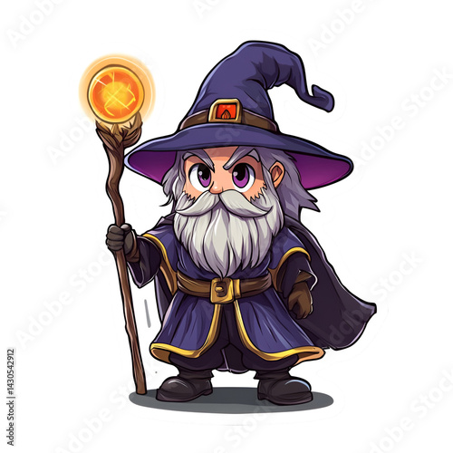 Anime wizard adventure magical realm sticker design enchanted forest close-up staff-wielding sorcerer