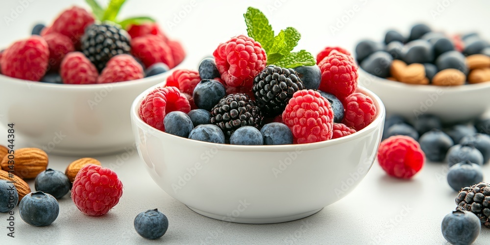 Fresh Mixed Berries in a Bowl with Mint Leaves and Walnuts Fresh Mixed Berries in a Bowl with Mint Leaves and Walnuts