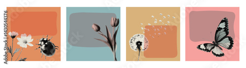 Spring flowers halftone cards. Vintage floral cutouts dandelion, tulip, butterfly, with dotted texture. Retro vector illustration.