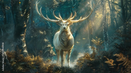 a white stag on the forest. The stag stares deeply at you in the woods, he glows in a mystical way, lighting up the surrounding