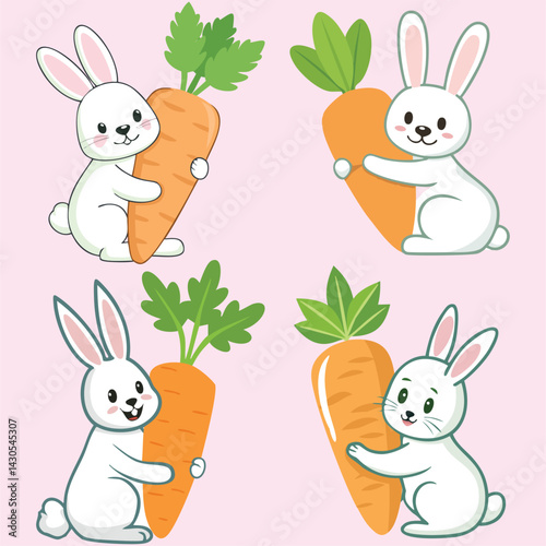 ute Bunnies Holding Carrots on Pink Background".