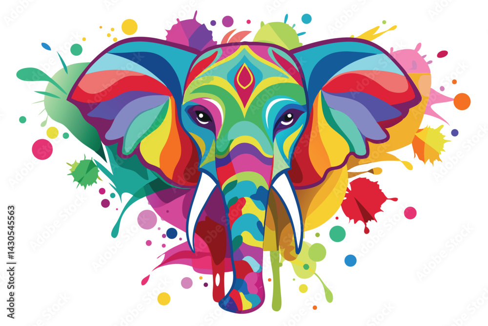 Obraz premium Colorful artistic elephant face colorful paint splatters on white background.