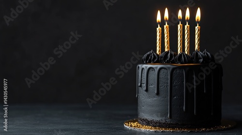 Black and gold birthday cake with sophisticated candles, isolated on a dark background 