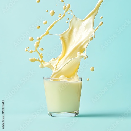 Fresh milk being poured into a glass against a light blue background