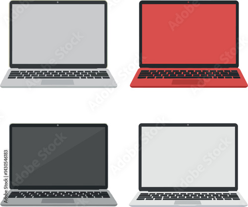 Laptop computers with various screen colors and keyboard layouts vector illustration technology devices 